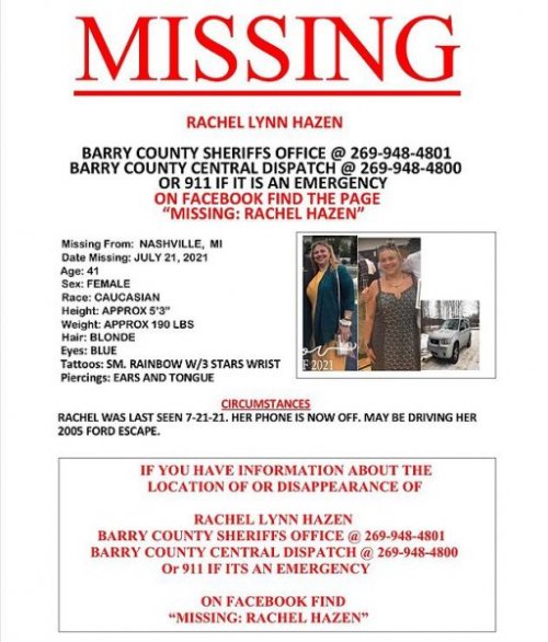 RACHEL HAZEN:  Missing from Nashville, MI - 21 July 2021 - Age 41 *Found Deceased*