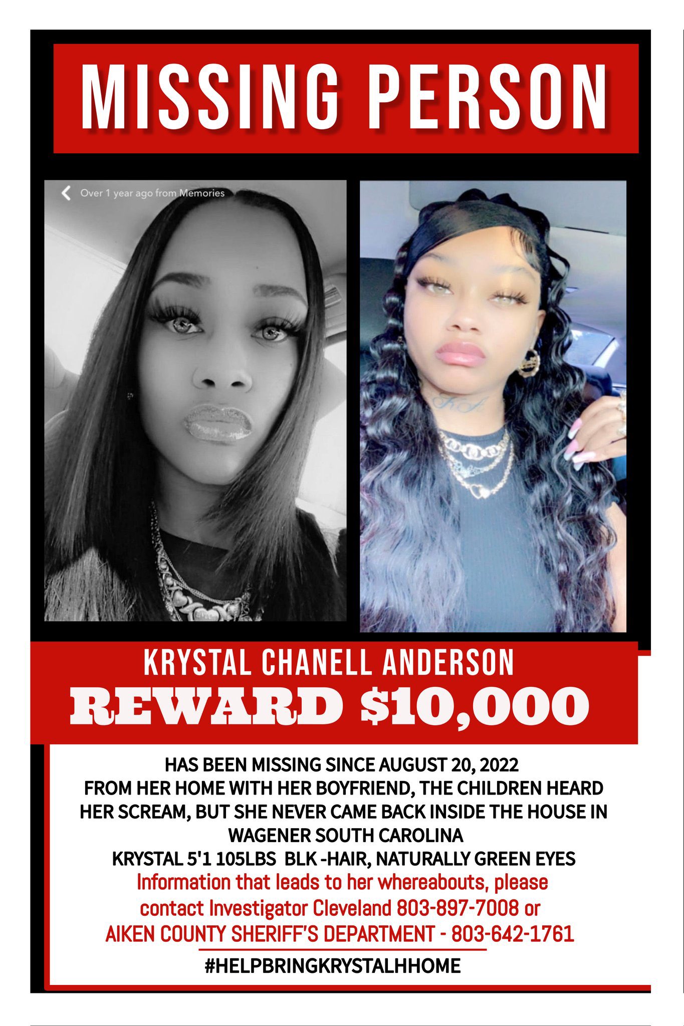 Krystal Anderson has been MISSING from SouthCarolina since August of