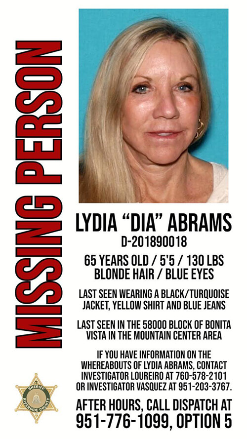 LYDIA "DIA" ABRAMS: Missing from her Idyllwild, California ranch since 6 June 2020
