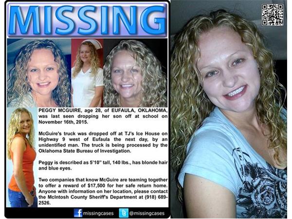 PEGGY McGUIRE has been missing from Eufaula, #OKLAHOMA since Nov. 16, 2015.  She was last seen dropping her son off at school! $150K #REWARD